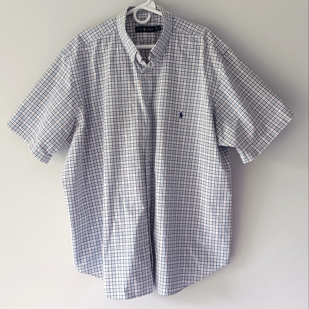 Ralph Lauren Cotton Short Sleeve Dress Shirt Plaid Blue White Pink 2XB 2x Big